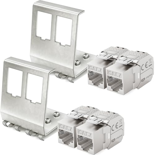 hb-digital Set: 4X CAT.7 Keystone RJ45 Modul + 2X Hutschienenadapter Metall Keystone-Halterung für Hutschiene 35mm Standard | RJ45-Jack geschirmt Edelstahl LSA Montage Ethernet LAN Netzwerk Switch von HB-DIGITAL