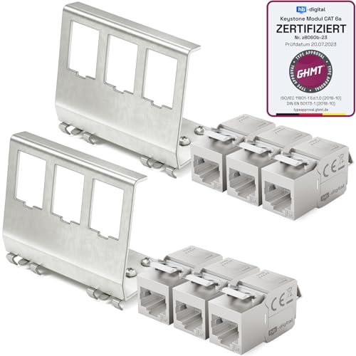 hb-digital Set: 6X CAT.6a Keystone RJ45 Modul + 2X Hutschienenadapter Metall Keystone-Halterung für Hutschiene 35mm Standard | RJ45-Jack geschirmt Edelstahl LSA Montage Ethernet LAN Netzwerk Switch von HB-DIGITAL