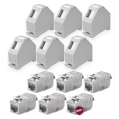 hb-digital Set: 6X Cat.6a Keystone Modul RJ45 + 6X Hutschienenadapter Keystone-Halterung für Hutschiene 35mm Standard | RJ35-Jack geschirmt werkzeuglose Montage Ethernet LAN Netzwerk STP LSA von HB-DIGITAL