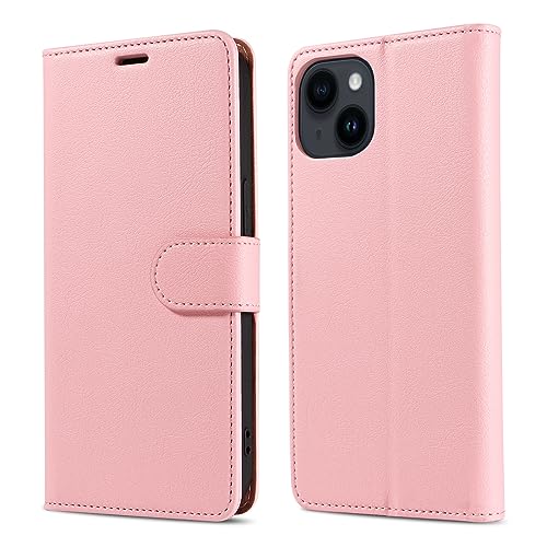 HBYLEE Brieftaschen-Hülle Für iPhone 15/15 Plus/15 Pro/15 Pro Max, PU-Leder-Kickstand-Kartenfächer-Hülle, 360-Grad-Rundumabdeckung Mit Stoßfestem Kartenhalter, 15 Plus,Pink von HBYLEE