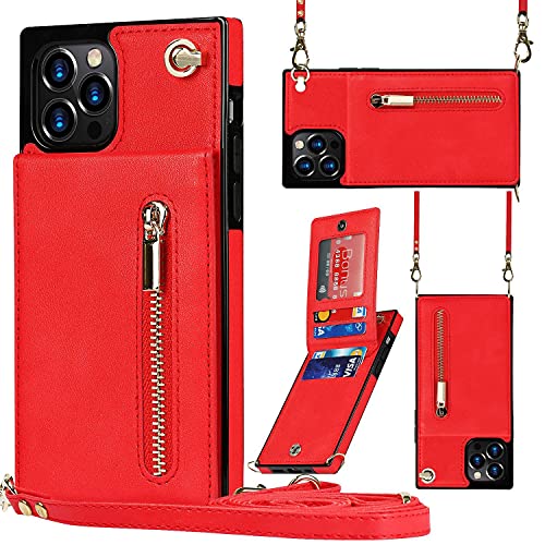 HBYLEE Wallet Case für iPhone 14/14 Plus/14 Pro /14 Pro Max, 5 Kartenfächer Magnetverschluss Reißverschlusstasche Umhängetasche PU-Hülle mit TPU-Ständerabdeckung von HBYLEE