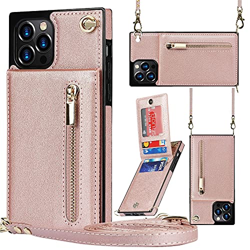 HBYLEE Wallet Case für iPhone 14/14 Plus/14 Pro /14 Pro Max, 5 Kartenfächer Magnetverschluss Reißverschlusstasche Umhängetasche PU-Hülle mit TPU-Ständerabdeckung von HBYLEE