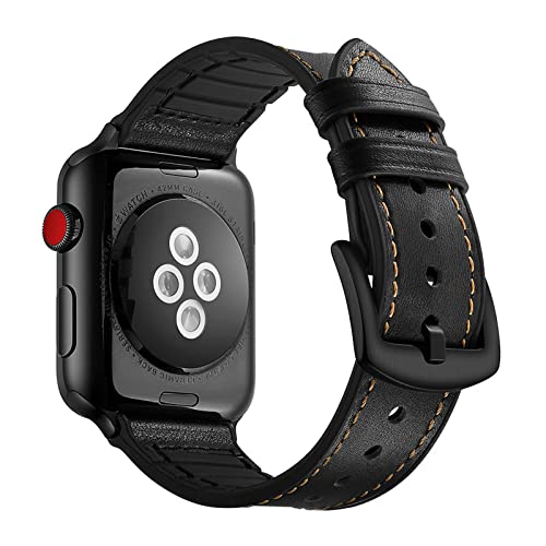 Kompatibel mit Apple Watch Armband 49 mm 45 mm 44 mm 42 mm 41 mm 40 mm 38 mm, schweißfestes Echtleder-Gummi-Hybridarmband für iWatch Series SE 9 8 7 6 5 4 3 2 1 Ultra 1 2 von HBYLEE