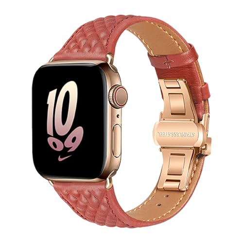 Kompatibel mit Apple Watch-Armband 49mm 45mm 44mm 42mm 41mm 40mm 38mm, echtes Leder, Schmetterlingsschnalle, Ersatzarmband für iWatch Ultra 1 2 Serie 9 8 7 6 5 SE 4 3 2 1 von HBYLEE