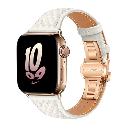 Kompatibel mit Apple Watch-Armband 49mm 45mm 44mm 42mm 41mm 40mm 38mm, echtes Leder, Schmetterlingsschnalle, Ersatzarmband für iWatch Ultra 1 2 Serie 9 8 7 6 5 SE 4 3 2 1 von HBYLEE