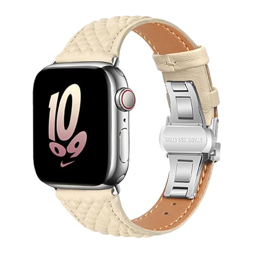 Kompatibel mit Apple Watch-Armband 49mm 45mm 44mm 42mm 41mm 40mm 38mm, echtes Leder, Schmetterlingsschnalle, Ersatzarmband für iWatch Ultra 1 2 Serie 9 8 7 6 5 SE 4 3 2 1 von HBYLEE