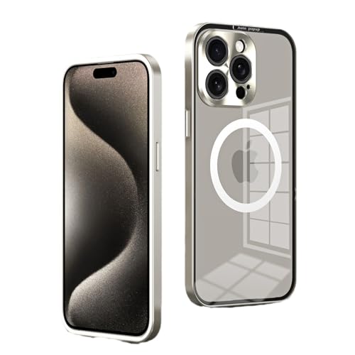 Schutzhülle für iPhone 15 Pro Max/15 Pro/15 Plus/15, [kompatibel mit MagSafe] mit Schlosstyp, Aluminium-Metallrahmen, sturzsicher, vergilbungsfrei, transparente Hülle von HBYLEE