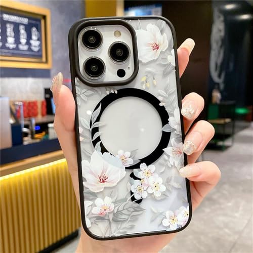 HCPIHF Blumen Floral Transparent Für Magnetische Kabellose Ladehülle Für iPhone 11 12 13 14 15 Pro Max Harte PC-Stoßstangenabdeckung,Schwarz,Für iPhone 15 von HCPIHF