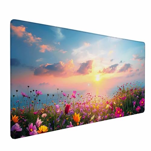 Mauspad XXL 900 x 300 mm, Wasserdicht Schreibtischunterlage Blume Mousepad Blau Mauspad mit Vernähte Kanten, rutschfeste Gummibasis Mouse Pad für Spielzimmer, Büro, Geschenke für Männer -253W2D von HCWBDWOU