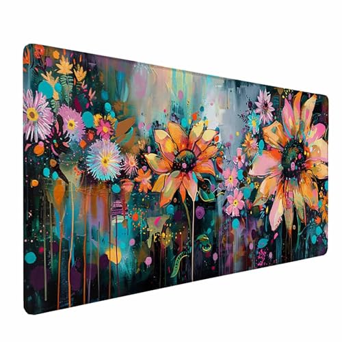 Mauspad XXL 900 x 300 mm, Wasserdicht Schreibtischunterlage Blume Mousepad Farbe Mauspad mit Vernähte Kanten, rutschfeste Gummibasis Mouse Pad für Spielzimmer, Büro, Geschenke für Männer -253W39 von HCWBDWOU