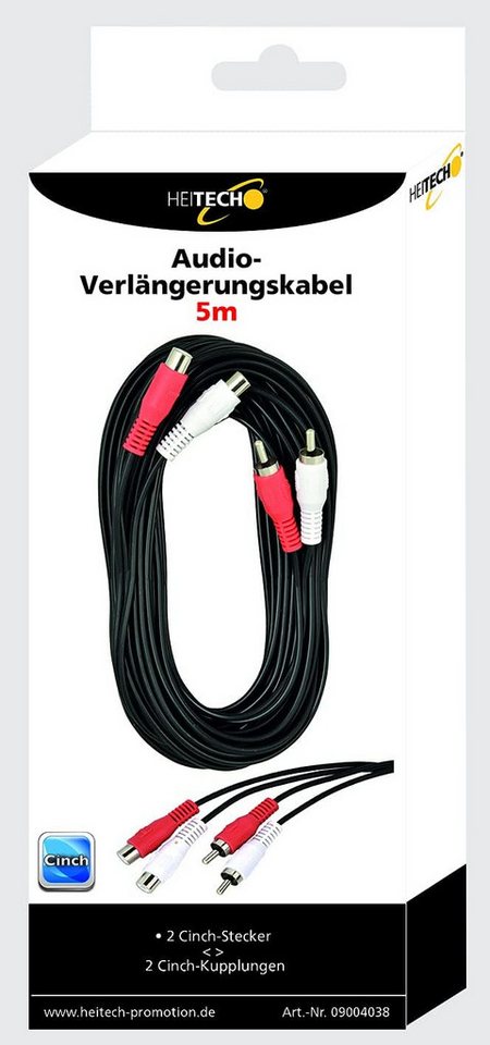 HEITECH Audio-Verlängerungskabel Cinch 2xStecker / 2x Kupplung 5m Audio-Kabel, (500 cm) von HEITECH