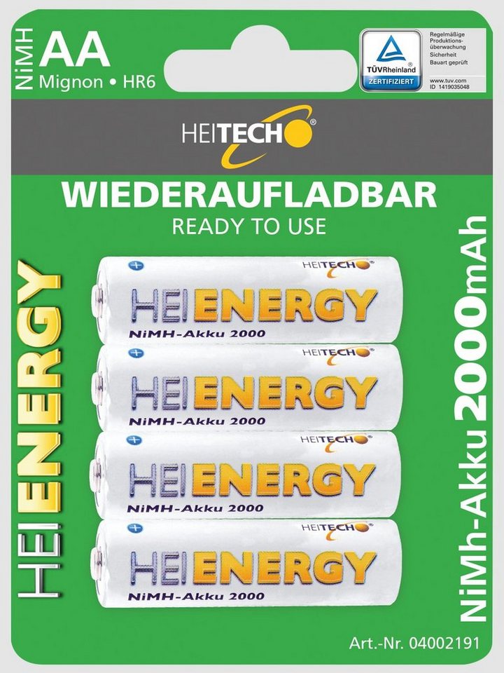 HEITECH vorgeladener 4er Pack NIMH-Akku Mignon/AA / HR06 2000 mAh 1,2V Batterie, (4 St) von HEITECH