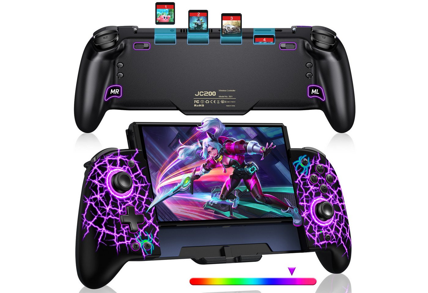 HELLCOOL Drahtlose Handheld Switch Controller mit 1000mAh Akku Switch-Controller (1 St., 3 Ebenen Vibration, 17 Einstellbare Lichteffekte) von HELLCOOL