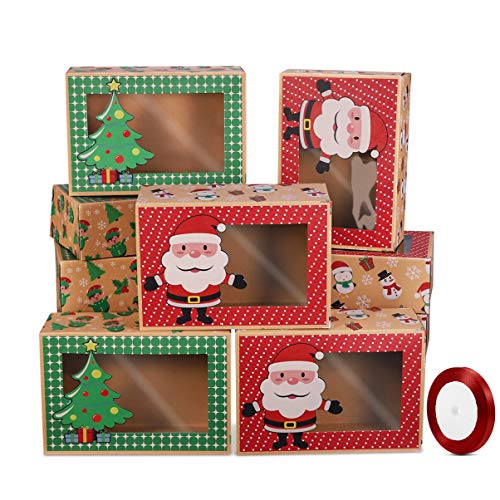 Hemoton Weihnachtsplätzchenboxen mit Donut-Geschenkboxen, Bäckerei-Box mit transparentem Fenster, grüne und rote Urlaubs-Designs mit Weihnachtsbändern für Geschenk auf Feiertagspartys (Set mit 12 von HEMOTON