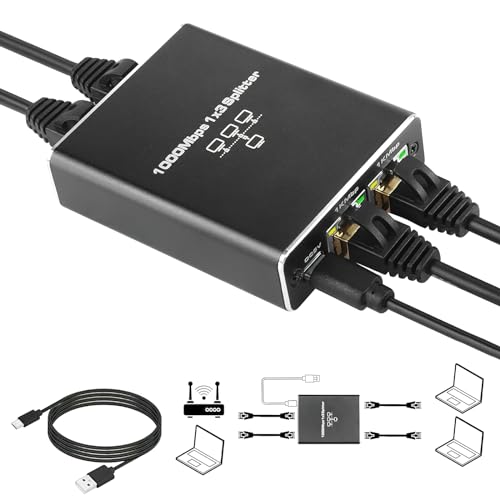 HENGBIRD Lan Splitter 1 auf 3 1000Mbps mit Typ-C Netzkabel Gigabit Ethernet Splitter 1 in 3 Out, Lan Switch 3 Port, RJ45 LAN Verteiler Netzwerk Verlängerungen Stecker für Computer, Router, Set-Top Box von HENGBIRD