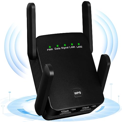 WLAN Verstärker mit 1200 Mbps - WLAN Repeater Dual-Band 2.4GHz & 5.8GHz WiFi Extender Booster Internet Verstärker mit externen 4 * 2dBi Dual-Band-Antennen Internet Booster bis zu 3000 qm (Schwarz) von HERBYD