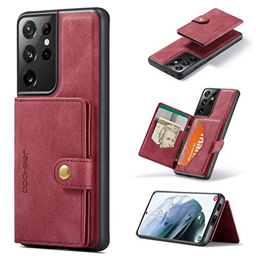HERCN Schutzhülle aus PU-Leder für Samsung Galaxy S21 Ultra 5G; MagSafe-Technologie, Kartenhalter, Standfunktion, Funktionelle Handyabdeckung mit Kleiner magnetischer Brieftasche. (Rot) von HERCN