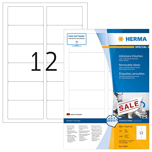 HERMA 10304 Universal Etiketten ablösbar, 100 Blatt, 88,9 x 46,6 mm, 12 pro A4 Bogen, 1200 Stück, selbstklebend, bedruckbar, matt, blanko Papier Klebeetiketten Aufkleber, weiß von HERMA