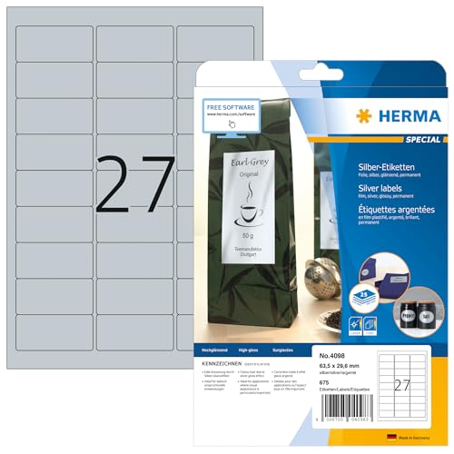 HERMA 4098 Wetterfeste Folienetiketten silber, 25 Blatt, 63,5 x 29,6 mm, 27 pro A4 Bogen, 675 Stück, selbstklebend, bedruckbar, glänzend, blanko Klebeetiketten Aufkleber aus Folie von HERMA