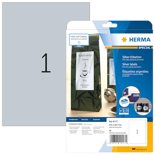 HERMA 4117 Wetterfeste Folienetiketten silber, 25 Blatt, 210 x 297 mm, 1 pro A4 Bogen, 25 Stück, selbstklebend, bedruckbar, glänzend, blanko Klebeetiketten Aufkleber aus Folie von HERMA