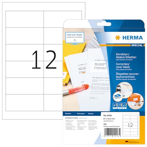 HERMA 4228 Korrekturetiketten blickdicht, 25 Blatt, 97 x 42,3 mm, 12 pro A4 Bogen, 300 Stück, selbstklebend, bedruckbar, matt, blanko Papier Abdeckaufkleber Etiketten, weiß von HERMA