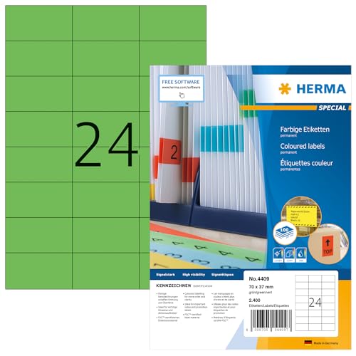 HERMA 4409 Farbige Etiketten grün, 100 Blatt, 70 x 37 mm, 24 pro A4 Bogen, 2400 Stück, selbstklebend, bedruckbar, matt, blanko Papier Farbetiketten Aufkleber von HERMA