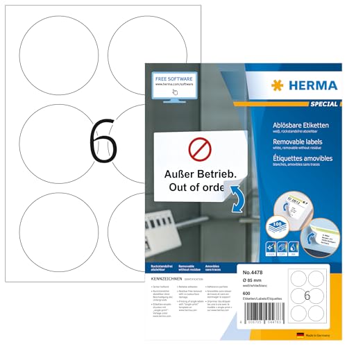 HERMA 4478 Universal Etiketten ablösbar rund, 100 Blatt, Ø 85 mm, 6 pro A4 Bogen, 600 Stück, selbstklebend, bedruckbar, matt, blanko Papier Klebeetiketten Aufkleber, weiß von HERMA