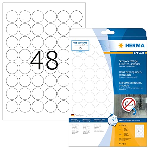 HERMA 4571 Wetterfeste Folienetiketten ablösbar rund, 20 Blatt, Ø 30 mm, 48 pro A4 Bogen, 960 Stück, selbstklebend, bedruckbar, matt, blanko Klebeetiketten Aufkleber aus Folie, weiß von HERMA