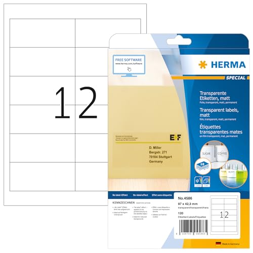HERMA 4586 Wetterfeste Folienetiketten transparent, 320 Blatt, 97 x 42,3 mm, 12 pro A4 Bogen, 3840 Stück, selbstklebend, bedruckbar, matt, blanko Klebeetiketten Aufkleber aus Folie, durchsichtig HERMA 4586 Wetterfeste Folienetiketten transparent, 320 Blatt, 97 x 42,3 mm, 12 pro A4 Bogen, 3840 Stück, selbstklebend, bedruckbar, matt, blanko Klebeetiketten Aufkleber aus Folie, durchsichtig von HERMA