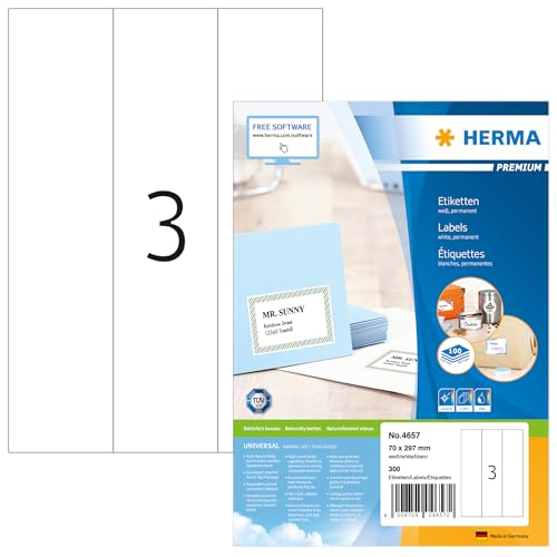 HERMA 4657 Universal Etiketten, 1400 Blatt, 70 x 297 mm, 3 pro A4 Bogen, 4200 Stück, selbstklebend, bedruckbar, matt, blanko Papier Klebeetiketten Aufkleber, weiß von HERMA