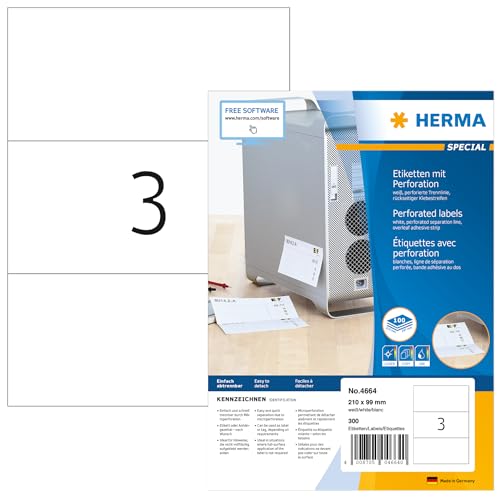 HERMA 4664 Etiketten perforiert, 100 Blatt, 210 x 99 mm, 3 pro A4 Bogen, 300 Stück, selbstklebend, bedruckbar, matt, blanko Papier Klebeetiketten Aufkleber mit perforierten Trennlinien, weiß von HERMA