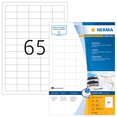 HERMA 4810 Universal Etiketten für Inkjet Drucker, 100 Blatt, 38,1 x 21,2 mm, 65 pro A4 Bogen, 6500 Stück, selbstklebend, bedruckbar, matt, Klebeetiketten Aufkleber für Tintenstrahldrucker, weiß von HERMA