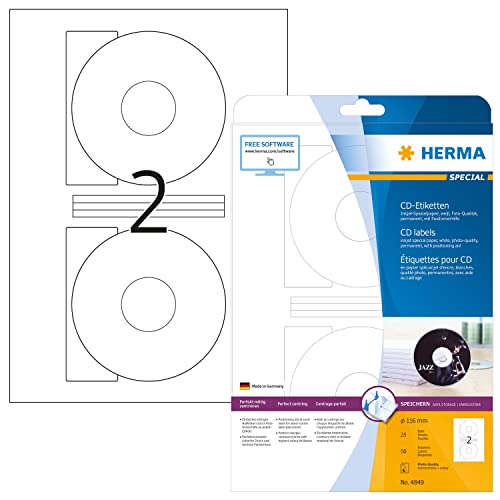 HERMA 4849 CD DVD Etiketten inkl. Zentrierhilfe für Inkjet Drucker, 25 Blatt, Ø 116 mm, 2 pro A4 Bogen, 50 Stück, selbstklebend, bedruckbar, matt, blanko Papier Klebeetiketten Aufkleber, weiß von HERMA