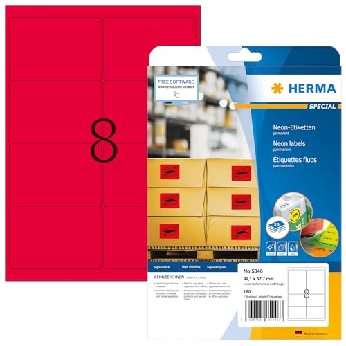 HERMA 5046 Farbige Etiketten neon rot, 640 Blatt, 99,1 x 67,7 mm, 8 pro A4 Bogen, 5120 Stück, selbstklebend, bedruckbar, matt, blanko Papier Neon-Etiketten Farbaufkleber HERMA 5046 Farbige Etiketten neon rot, 640 Blatt, 99,1 x 67,7 mm, 8 pro A4 Bogen, 5120 Stück, selbstklebend, bedruckbar, matt, blanko Papier Neon-Etiketten Farbaufkleber von HERMA