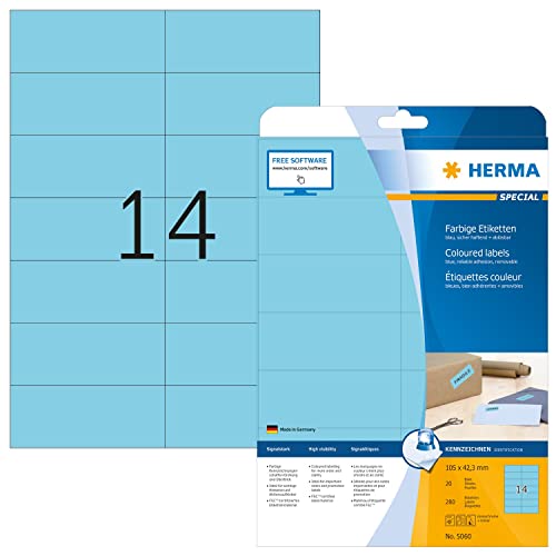 HERMA 5060 Farbige Etiketten blau ablösbar, 20 Blatt, 105 x 42,3 mm, 14 pro A4 Bogen, 280 Stück, selbstklebend, bedruckbar, matt, blanko Papier Farbetiketten Aufkleber von HERMA