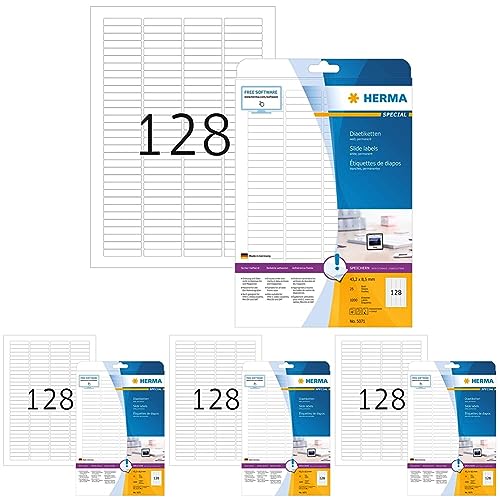 HERMA 5071 Dia Etiketten DIN A4 (43,2 x 8,5 mm, 25 Blatt, Papier, matt) selbstklebend, bedruckbar, permanent haftende Diarahmen-Aufkleber, 3.200 Klebeetiketten, weiß (Packung mit 4) von HERMA