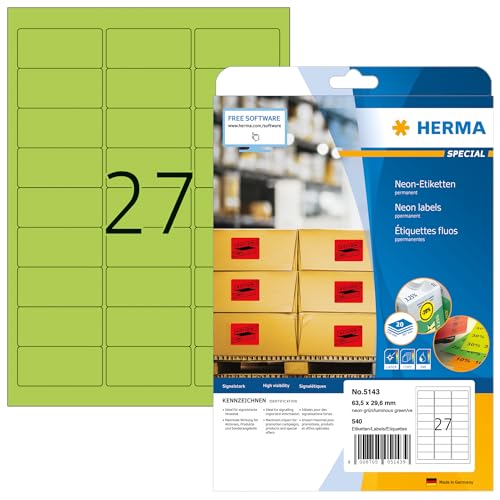HERMA 5143 Farbige Etiketten neon grün, 640 Blatt, 63,5 x 29,6 mm, 27 pro A4 Bogen, 17280 Stück, selbstklebend, bedruckbar, matt, blanko Papier Neon-Etiketten Farbaufkleber HERMA 5143 Farbige Etiketten neon grün, 640 Blatt, 63,5 x 29,6 mm, 27 pro A4 Bogen, 17280 Stück, selbstklebend, bedruckbar, matt, blanko Papier Neon-Etiketten Farbaufkleber von HERMA