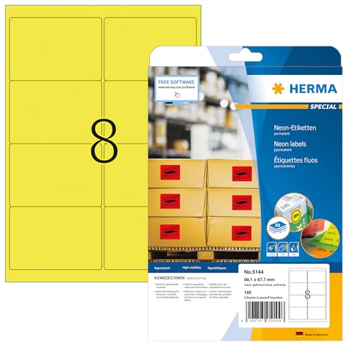 HERMA 5144 Farbige Etiketten neon gelb, 640 Blatt, 99,1 x 67,7 mm, 8 pro A4 Bogen, 5120 Stück, selbstklebend, bedruckbar, matt, blanko Papier Neon-Etiketten Farbaufkleber HERMA 5144 Farbige Etiketten neon gelb, 640 Blatt, 99,1 x 67,7 mm, 8 pro A4 Bogen, 5120 Stück, selbstklebend, bedruckbar, matt, blanko Papier Neon-Etiketten Farbaufkleber von HERMA