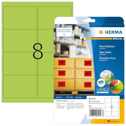HERMA 5147 Farbige Etiketten neon grün, 640 Blatt, 99,1 x 67,7 mm, 8 pro A4 Bogen, 5120 Stück, selbstklebend, bedruckbar, matt, blanko Papier Neon-Etiketten Farbaufkleber HERMA 5147 Farbige Etiketten neon grün, 640 Blatt, 99,1 x 67,7 mm, 8 pro A4 Bogen, 5120 Stück, selbstklebend, bedruckbar, matt, blanko Papier Neon-Etiketten Farbaufkleber von HERMA