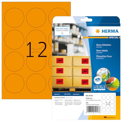 HERMA 5153 Farbige Etiketten rund neon orange, 640 Blatt, Ø 60 mm, 12 pro A4 Bogen, 7680 Stück, selbstklebend, bedruckbar, matt, blanko Papier Neon-Etiketten Farbaufkleber HERMA 5153 Farbige Etiketten rund neon orange, 640 Blatt, Ø 60 mm, 12 pro A4 Bogen, 7680 Stück, selbstklebend, bedruckbar, matt, blanko Papier Neon-Etiketten Farbaufkleber von HERMA
