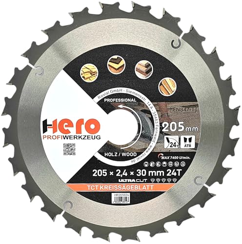 HERO Kreissägeblatt 205 x 30/20 mm 24 Zähne Hartmetall Sägeblatt TCT Ersatzsägeblatt für Holzbearbeitung Weich & Hartholz, Nichteisenmetalle Universal Handsäge, Gehrungssäge, Tischkreissäge, Kappsäge von HERO PROFIWERKZEUG