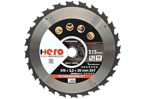 HERO Kreissägeblatt 315 x 30/20 mm 24 Zähne Hartmetall Sägeblatt TCT Ersatzsägeblatt für Holzbearbeitung Weich & Hartholz, Nichteisenmetalle Universal Handsäge, Gehrungssäge, Tischkreissäge, Kappsäge von HERO PROFIWERKZEUG