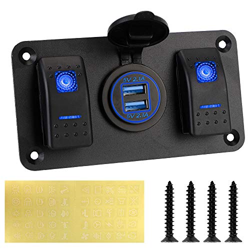 HFANGYU LED-Wippschalter-Panel für Auto, Marine, Schiff, universal, Dual-USB-Anschluss, Innenteile, Steckdose, Schalter, Schaltungssteuerung, 12–24 V (blau) von HFANGYU