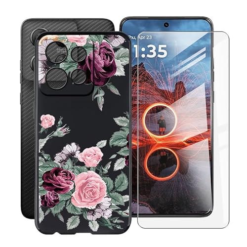 HGJTFANY Handyhülle für Motorola ThinkPhone 25 (6.36") mit Gehärtetem Glasfolie, Schwarz Weiche Silikon Stoßfeste Hülle Cover, Anti-Kratzer TPU Schutzhülle für Motorola ThinkPhone 25 - Rote Rose von HGJTFANY