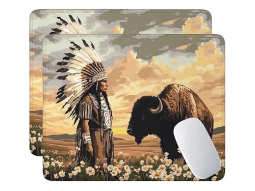 2 Pack Mauspad, Mousepad Indianer Rinder, Mousepads mit Vernähte Kanten, 420x350 mm Mouse Pad mit Anti-Rutsch-Gummiboden,wasserdichte Verschleißfest Strapazierfähig Mauspads, Gaming Mousepad S-997 von HHQGOUYG