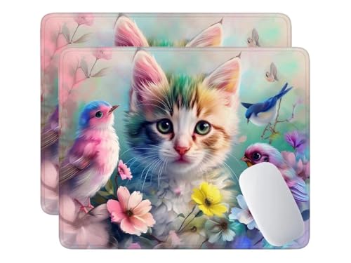 2 Pack Mauspad, Mousepad Vögel Katzen, Mousepads mit Vernähte Kanten, 420x350 mm Mouse Pad mit Anti-Rutsch-Gummiboden,wasserdichte Verschleißfest Strapazierfähig Mauspads, Gaming Mousepad S-717 von HHQGOUYG