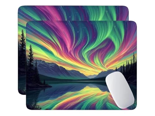 Mauspad 2 Pack Aurora Landschaft Mousepad 260x210 mm, Gaming-Mauspad mit Anti-Rutsch-Gummiboden, Leichtes Gleiten, Spritzwassergeschützt, Langlebige Materialien, Tragbar, Zubehör für Büro Arbeit x-499 von HHQGOUYG