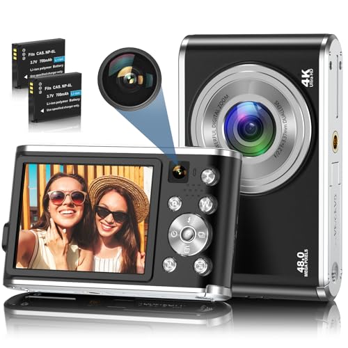 Digitalkamera, Autofokus 4K Fotoapparat Digitalkamera mit Front- und Rückkamera, HD 48MP mit 2,8" großem Bildschirm, 16X Digitalzoom, Kompaktkamera für Einsteiger (Schwarz) von HICSHON