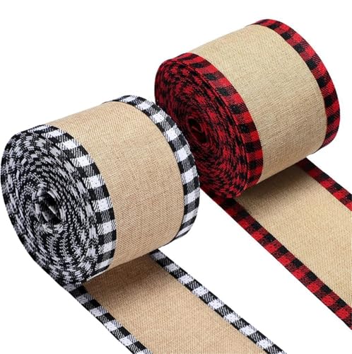 Burlap Roll Ribbon, Jute Stoff Crafts Ribbon, 4 m Weihnachts-Büffelkaro-Bänder mit Drahtrand, Sackleinen-Spitzenstoff, Bastelband, Rollen mit kariertem Rand, 6,3 cm breit(Red) von HIFRQVVC