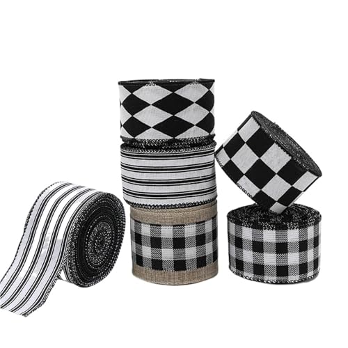 Burlap Roll Ribbon, Jute Stoff Crafts Ribbon, 5PC 2M/Rolle Weihnachtsdekoration Weiß und Schwarz Sackleinenband Kariertes Streifenband Zuckerstangengirlande Geschenkverpackung Schleifen(01) von HIFRQVVC